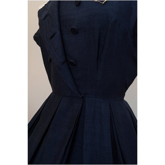 Vintage 1950s Navy A-Line Dress Midi 50s Silk S Sm - Picture 6 of 10